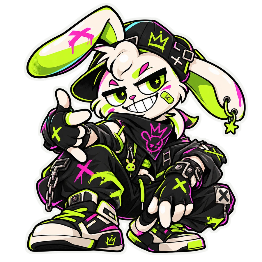 Zigg, the NineRabbits mascot, in a black streetwear outfit pointing at the headline