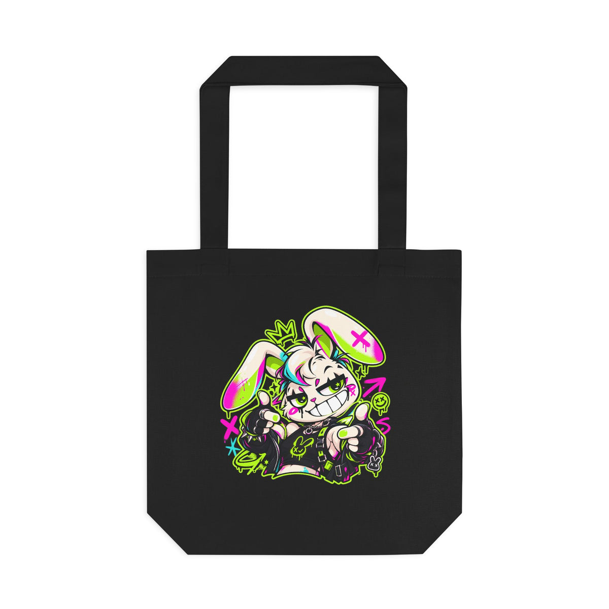 Punk Bunny Graffiti Cotton Tote Bag in Black
