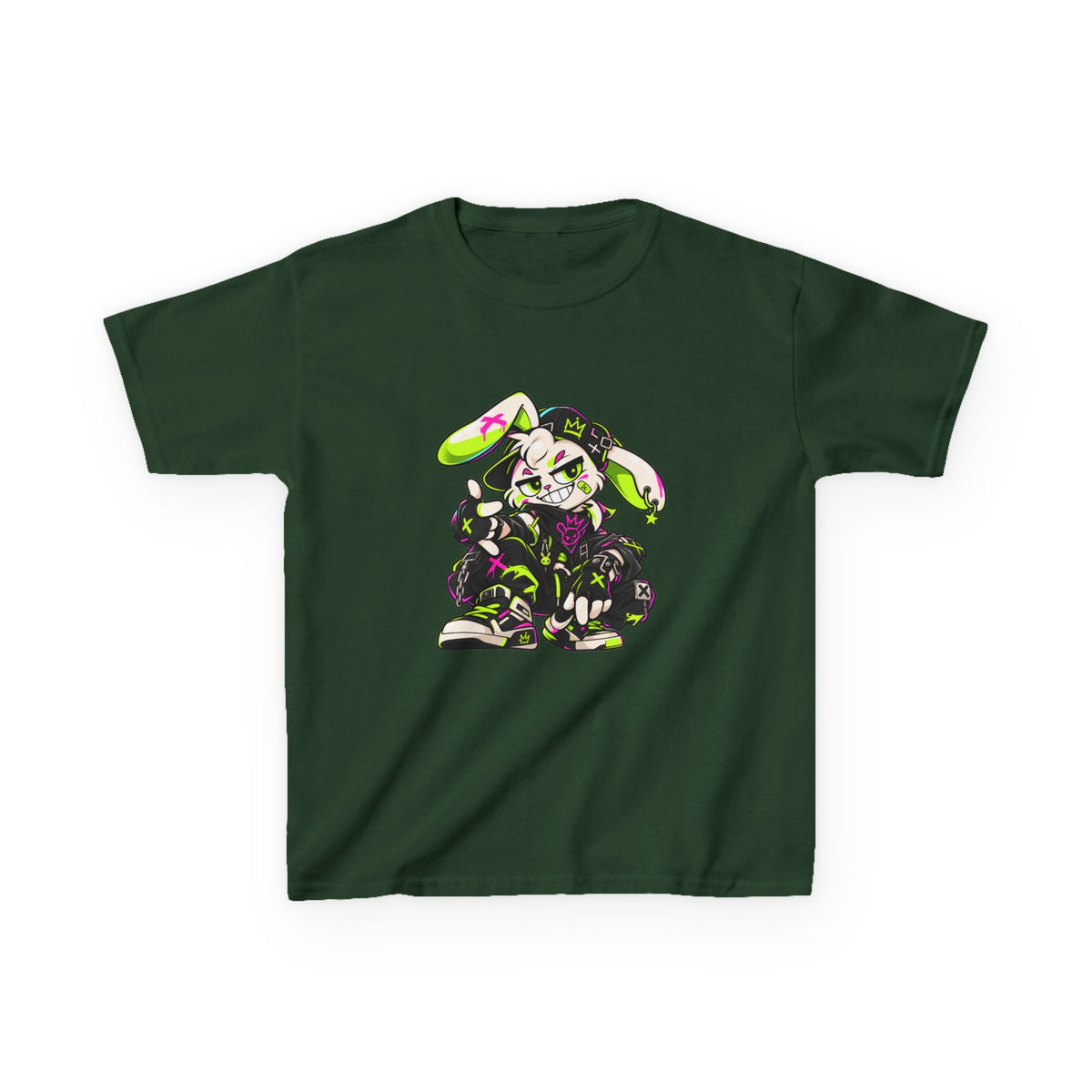 Neon Punk Bunny Kids Heavy Cotton Tee in Forest Green