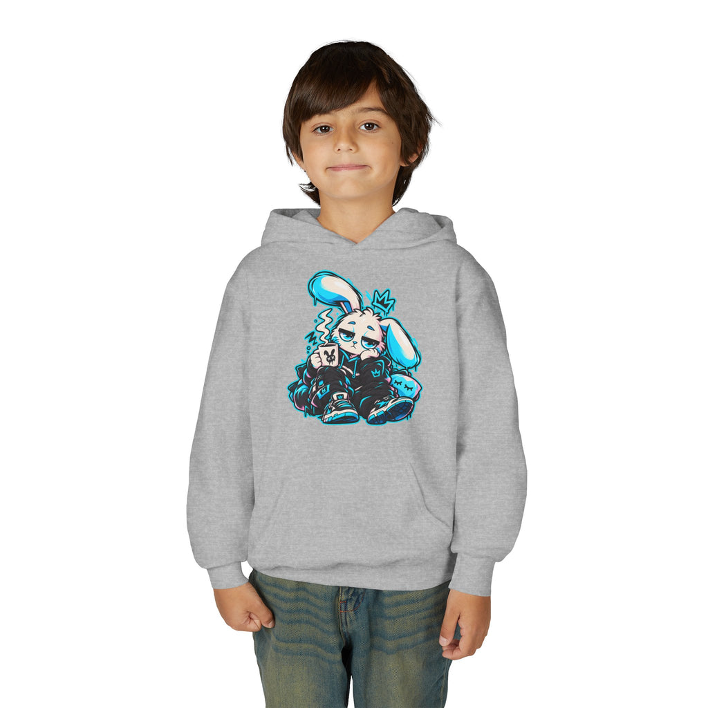 Sleepy Cyber Bunny Kids Coffee Hoodie