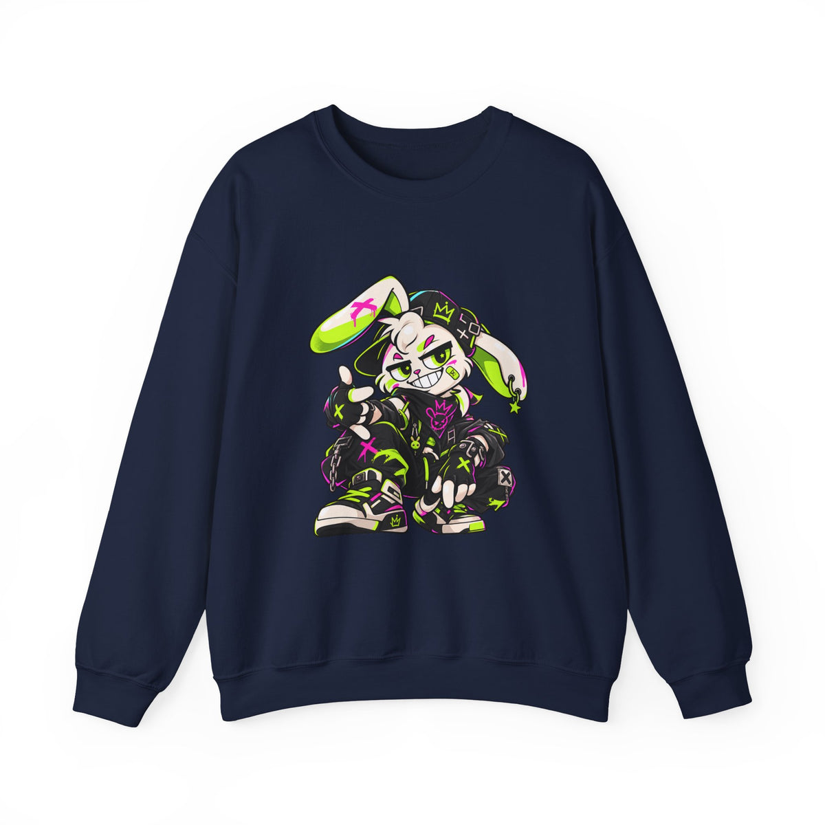 Neon Punk Bunny Crewneck Sweatshirt in Navy