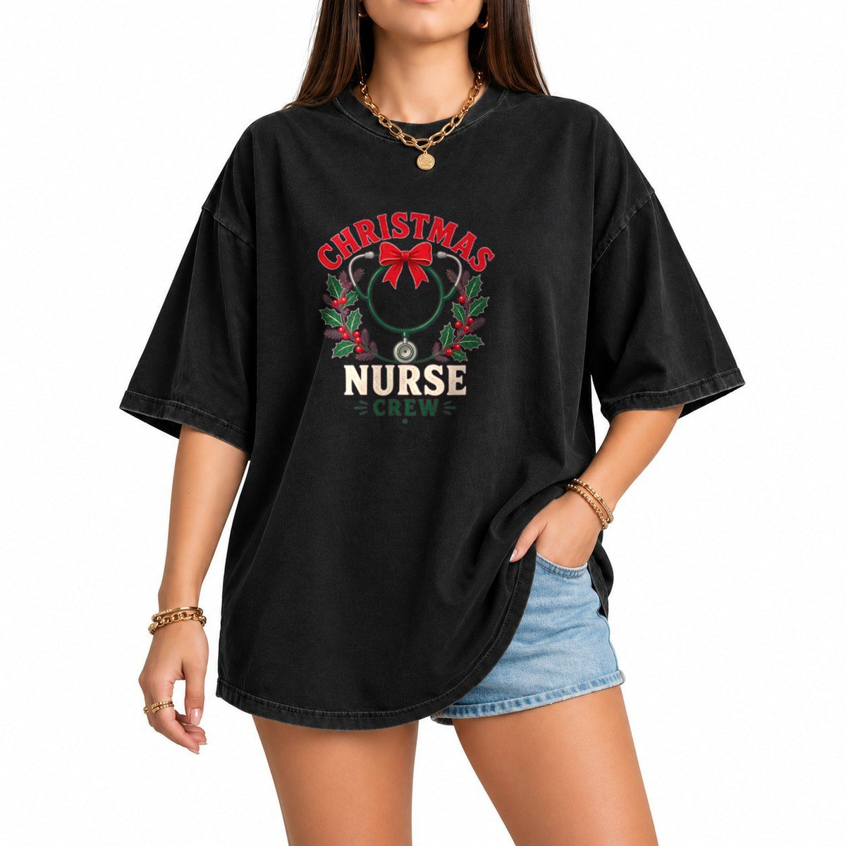 Christmas Nurse Crew oversized graphic tee, Black, photo 1
