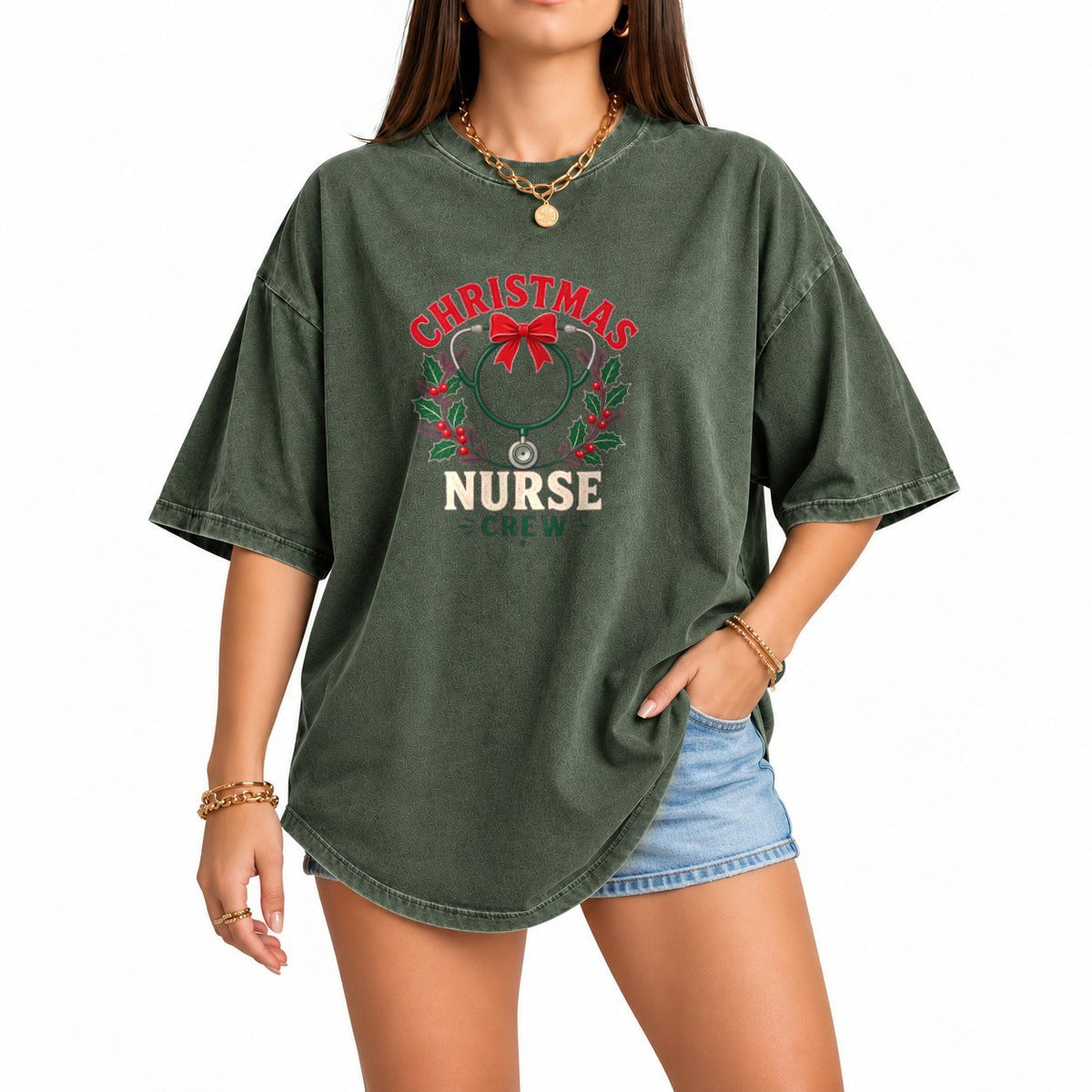 Christmas Nurse Crew oversized graphic tee, Moss, photo 1