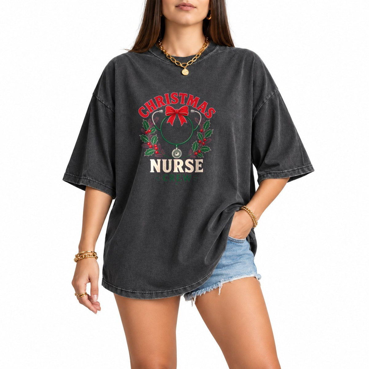 Christmas Nurse Crew oversized graphic tee, Pepper, photo 1