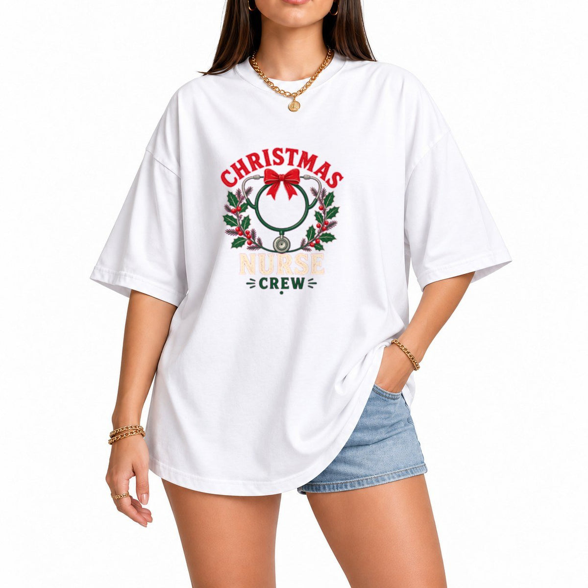 Christmas Nurse Crew oversized graphic tee, White, photo 1