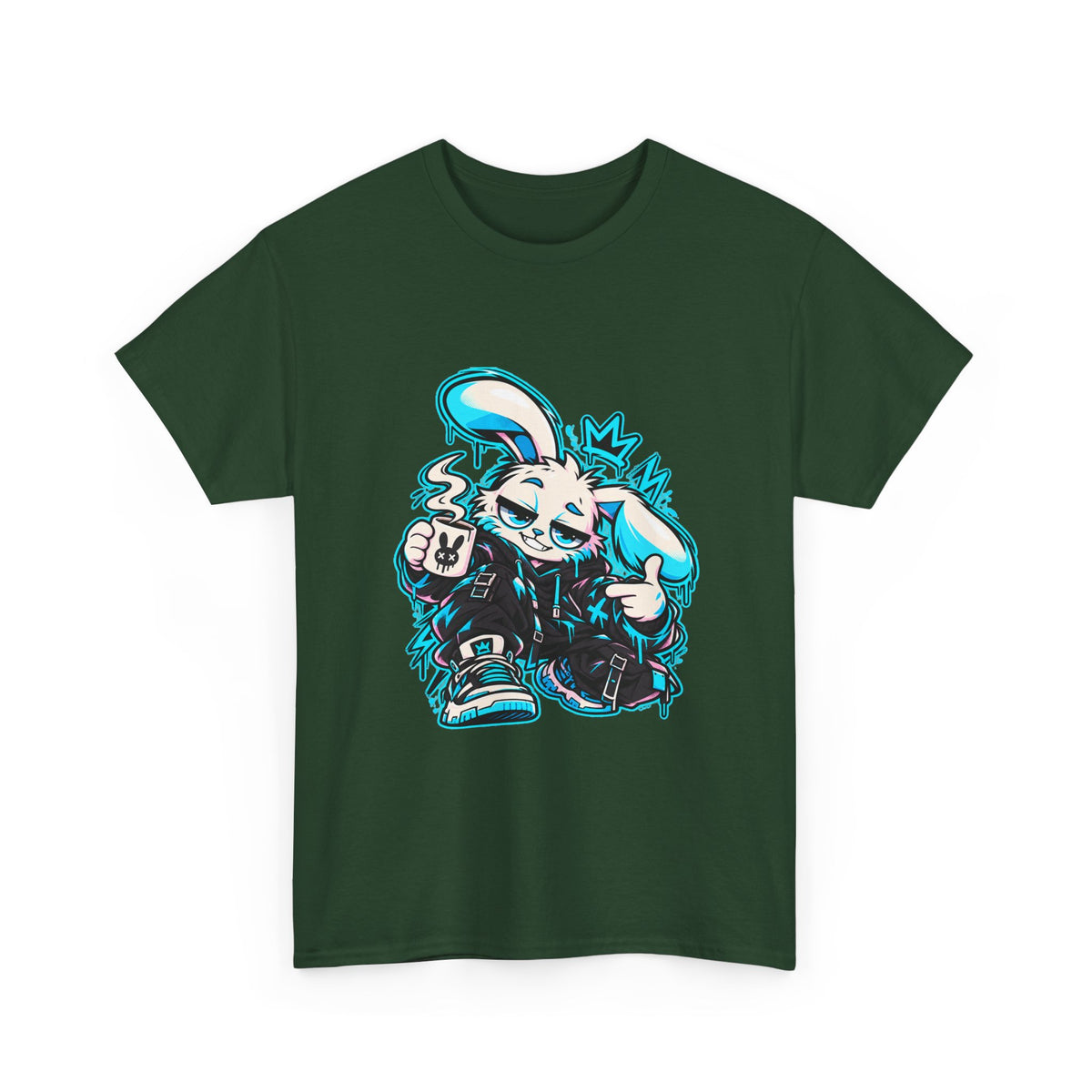Graffiti Rabbit Coffee Heavy Cotton Tee in Forest Green