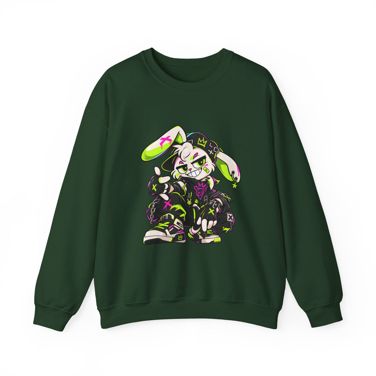 Neon Punk Bunny Crewneck Sweatshirt in Forest Green