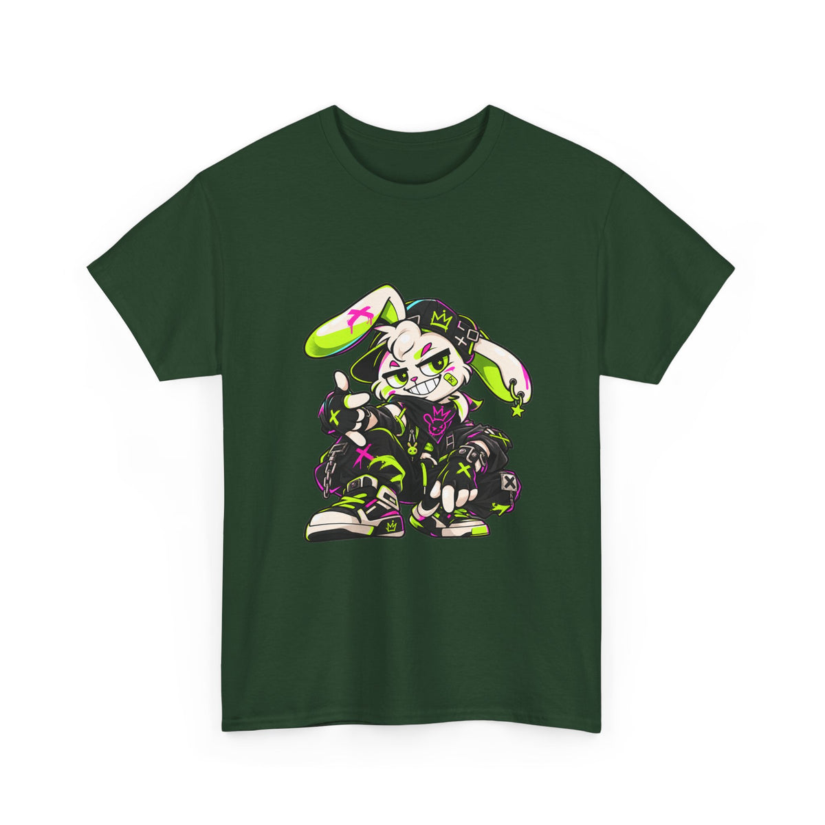 Neon Punk Bunny Heavy Cotton Tee in Forest Green