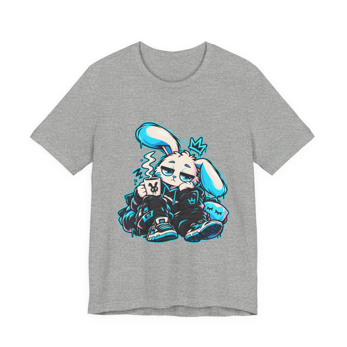 Sleepy Cyber Bunny Coffee Graphic Tee in Athletic Heather