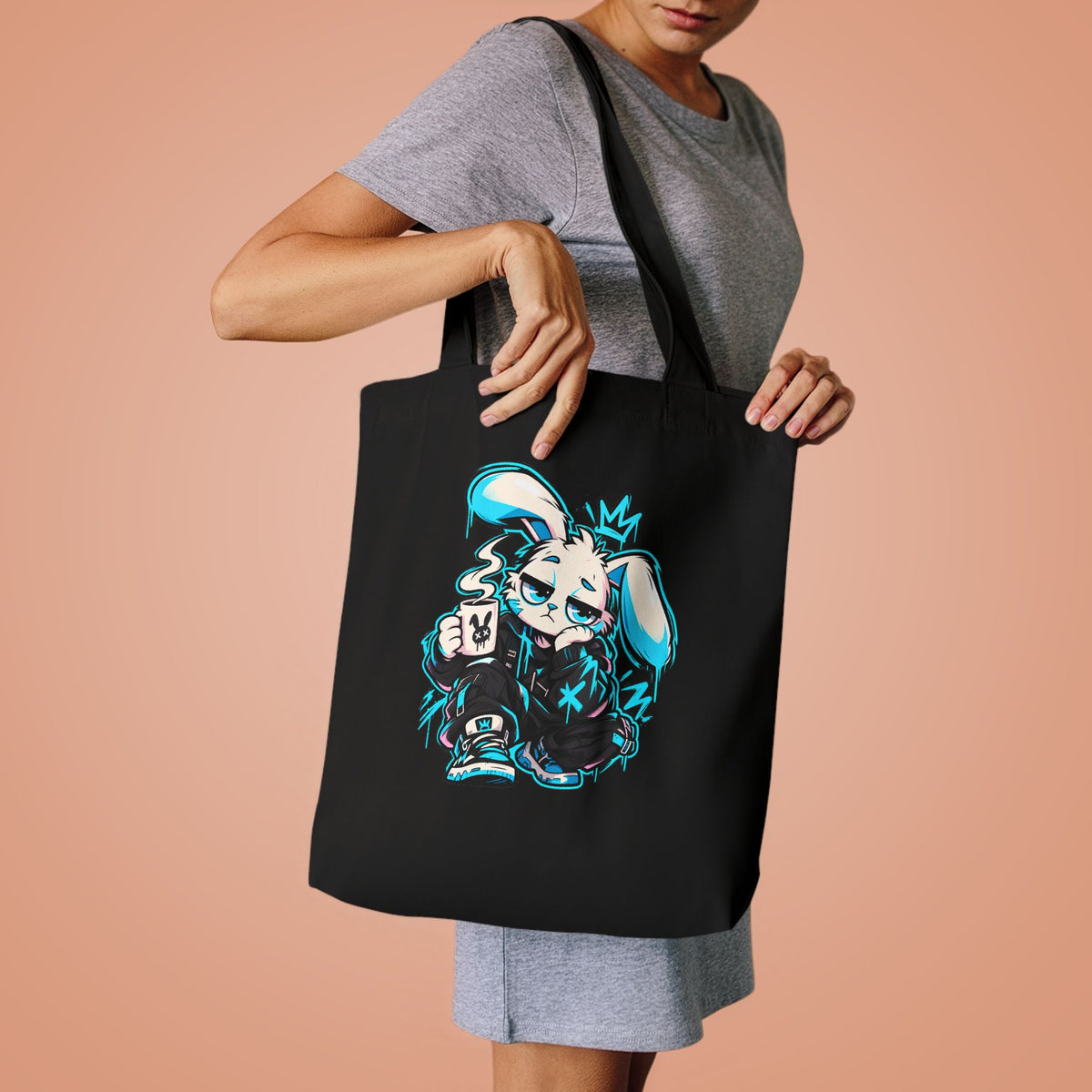 Graffiti Rabbit Coffee Cotton Tote Bag
