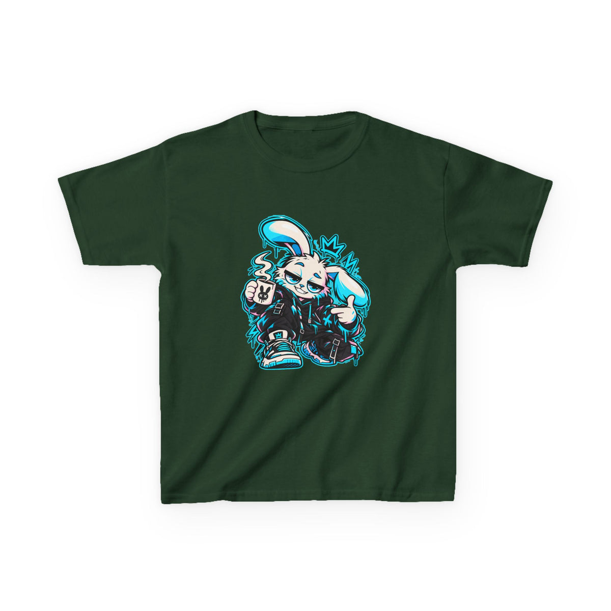 Graffiti Rabbit Coffee Kids Heavy Cotton Tee in Forest Green