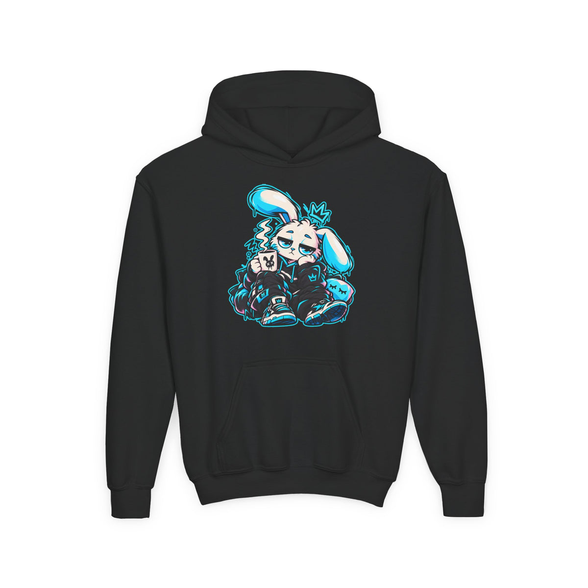 Sleepy Cyber Bunny Kids Coffee Hoodie in Black