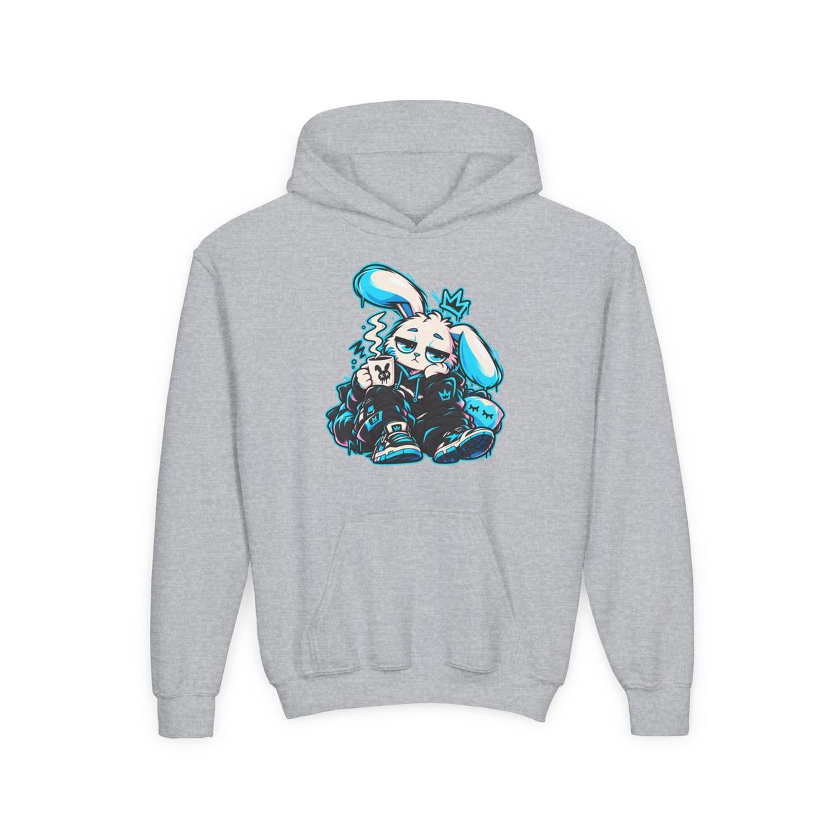 Sleepy Cyber Bunny Kids Coffee Hoodie in Sport Grey
