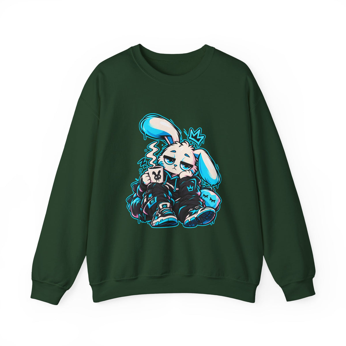 Sleepy Cyber Bunny Coffee Crewneck Sweatshirt in Forest Green
