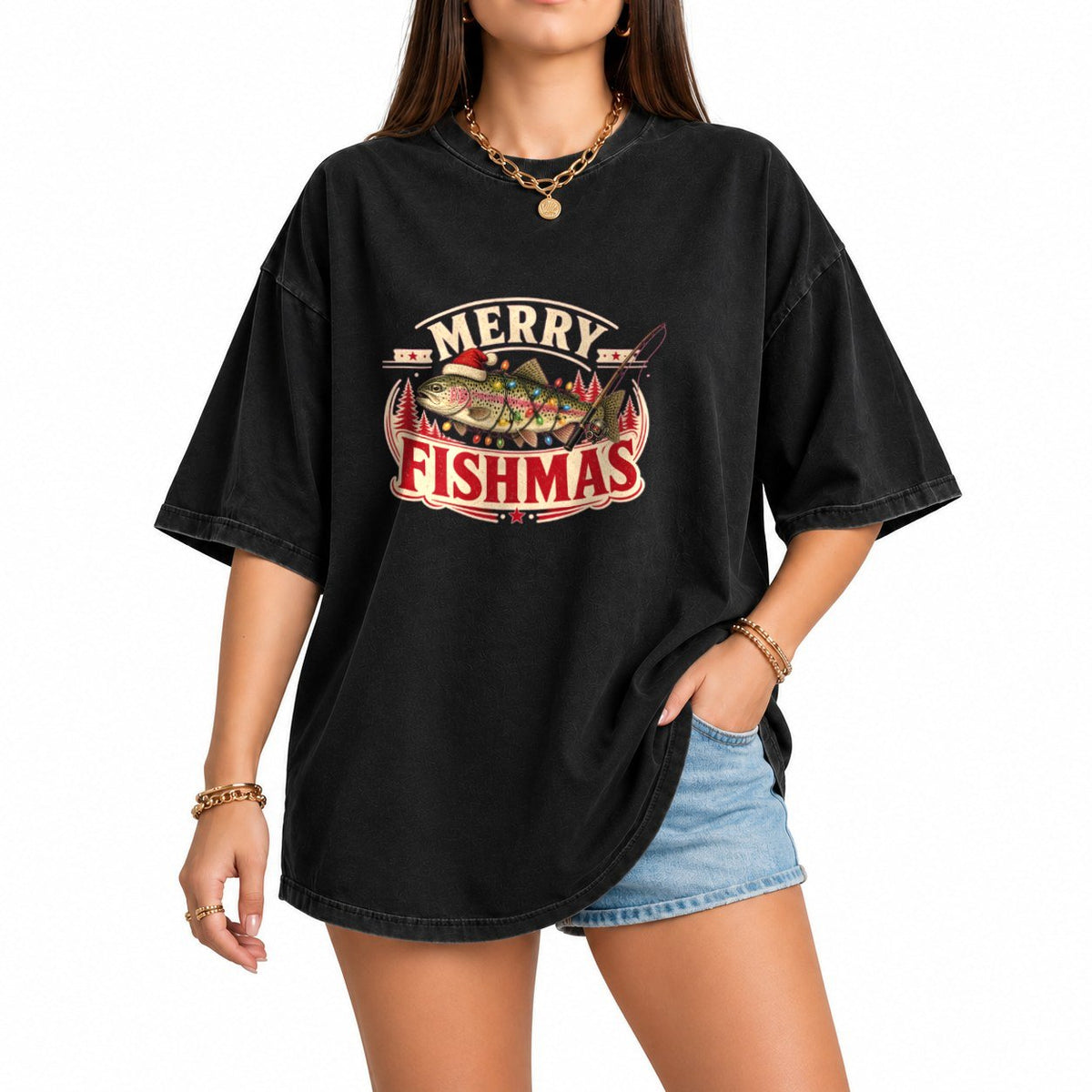 Merry Fishmas Trout oversized graphic tee, Black, photo 1