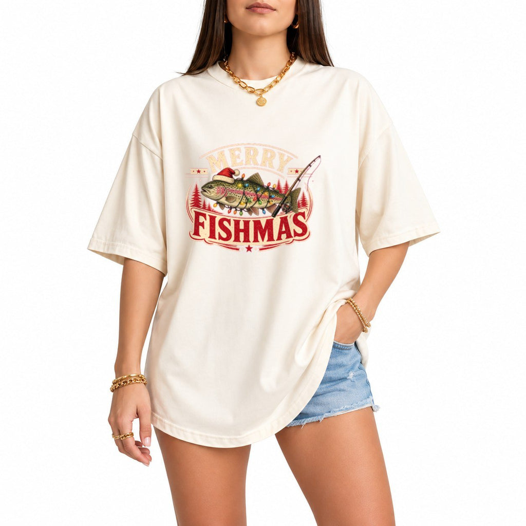 Merry Fishmas Trout oversized graphic tee, Ivory, photo 1