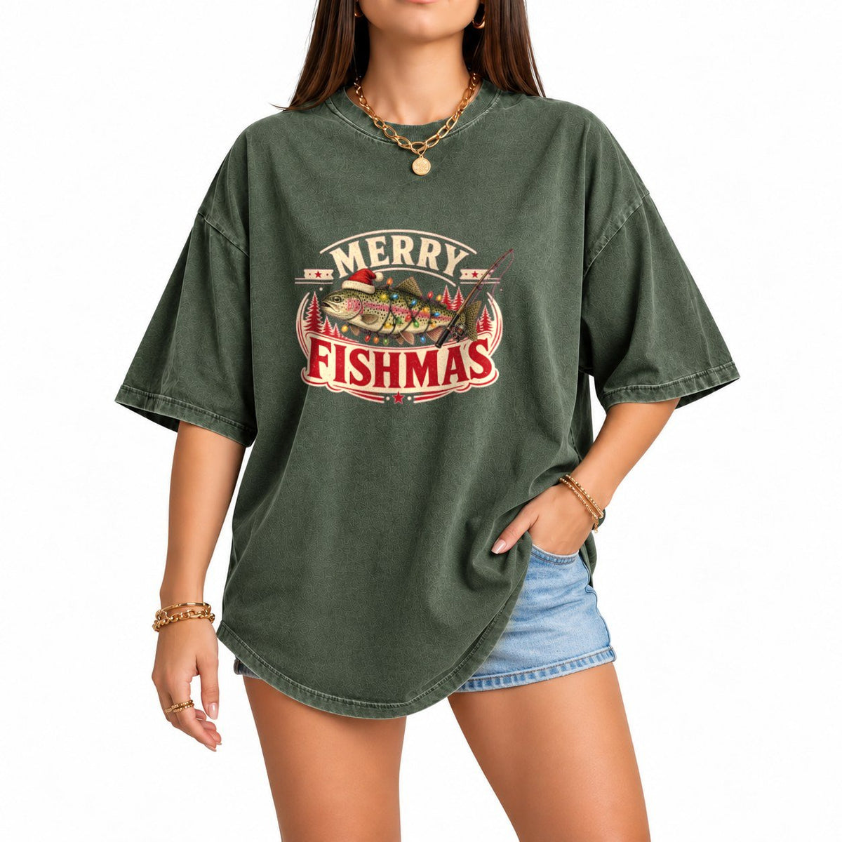 Merry Fishmas Trout oversized graphic tee, Moss, photo 1
