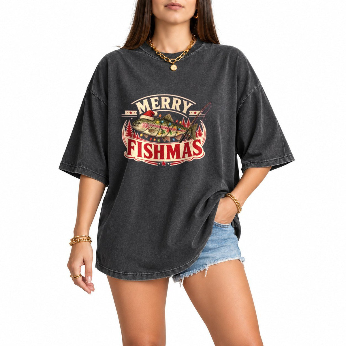 Merry Fishmas Trout oversized graphic tee, Pepper, photo 1