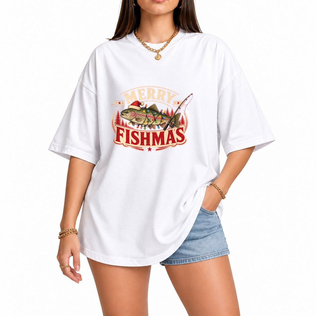 Merry Fishmas Trout oversized graphic tee, White, photo 1
