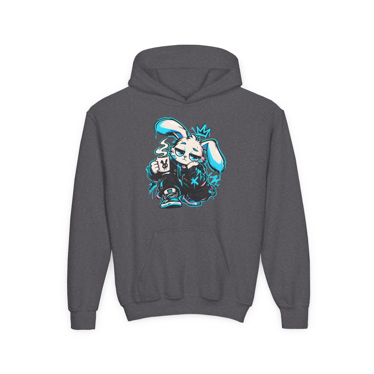 Graffiti Rabbit Coffee Kids Hoodie in Dark Heather