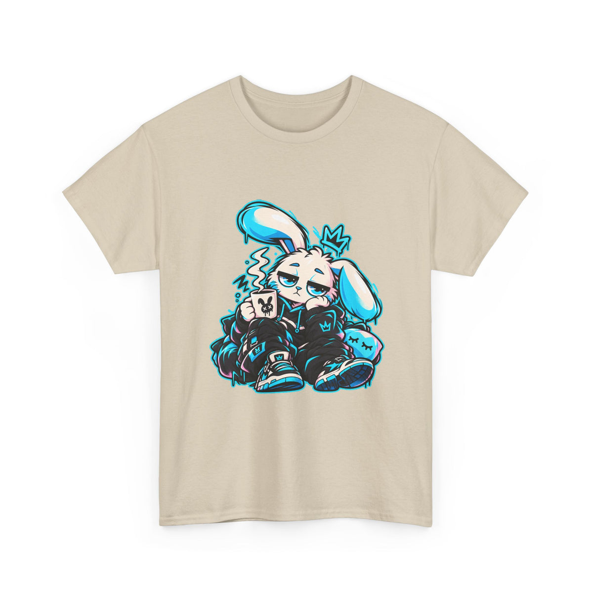 Sleepy Cyber Bunny Coffee Graphic Tee in Sand