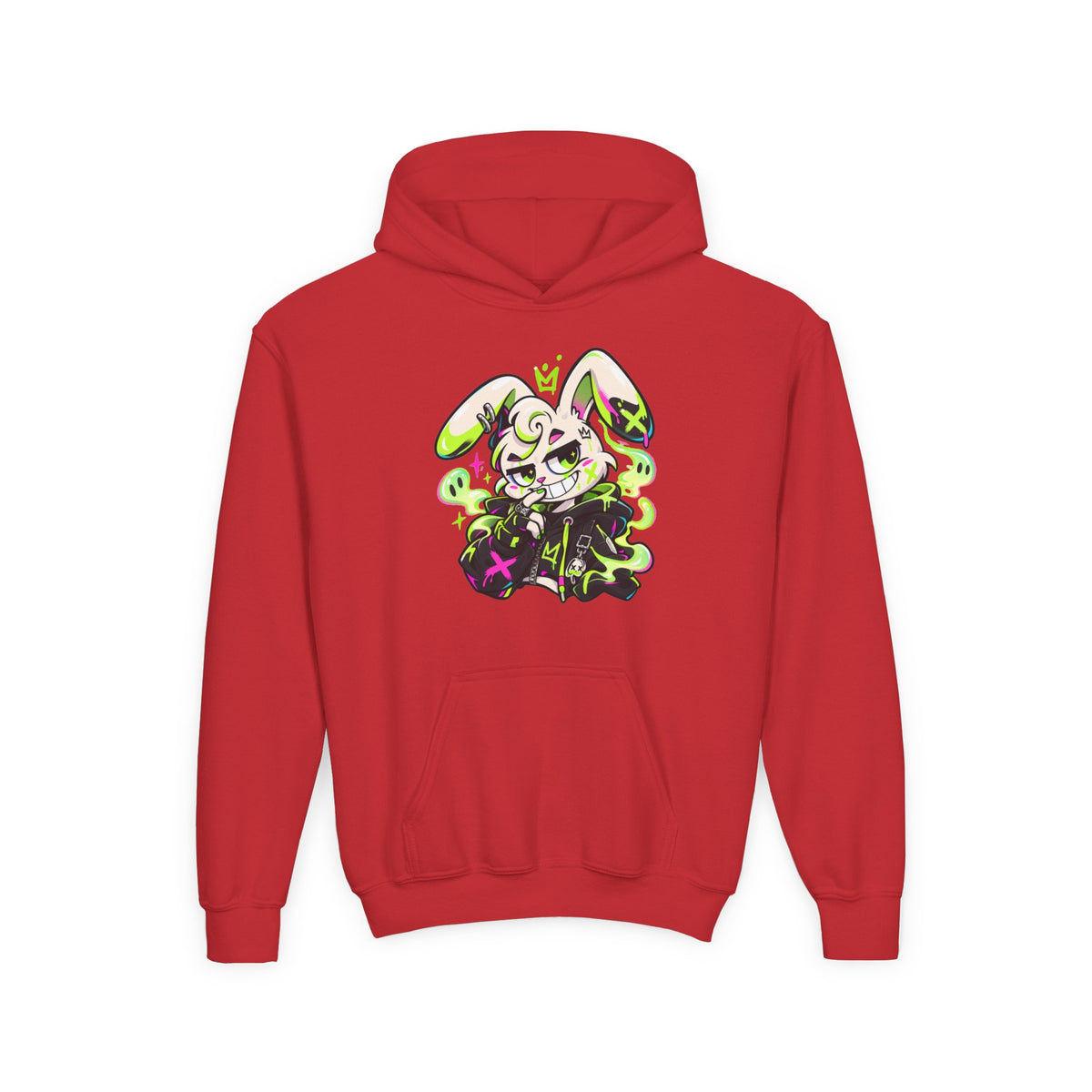 Neon Goth Bunny Kids Hoodie in Red
