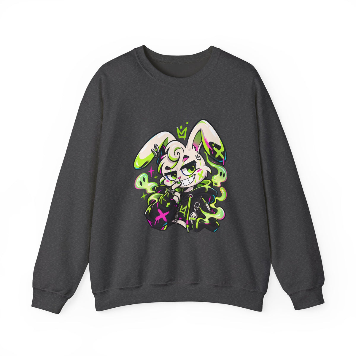 Neon Goth Bunny Crewneck Sweatshirt in Dark Heather