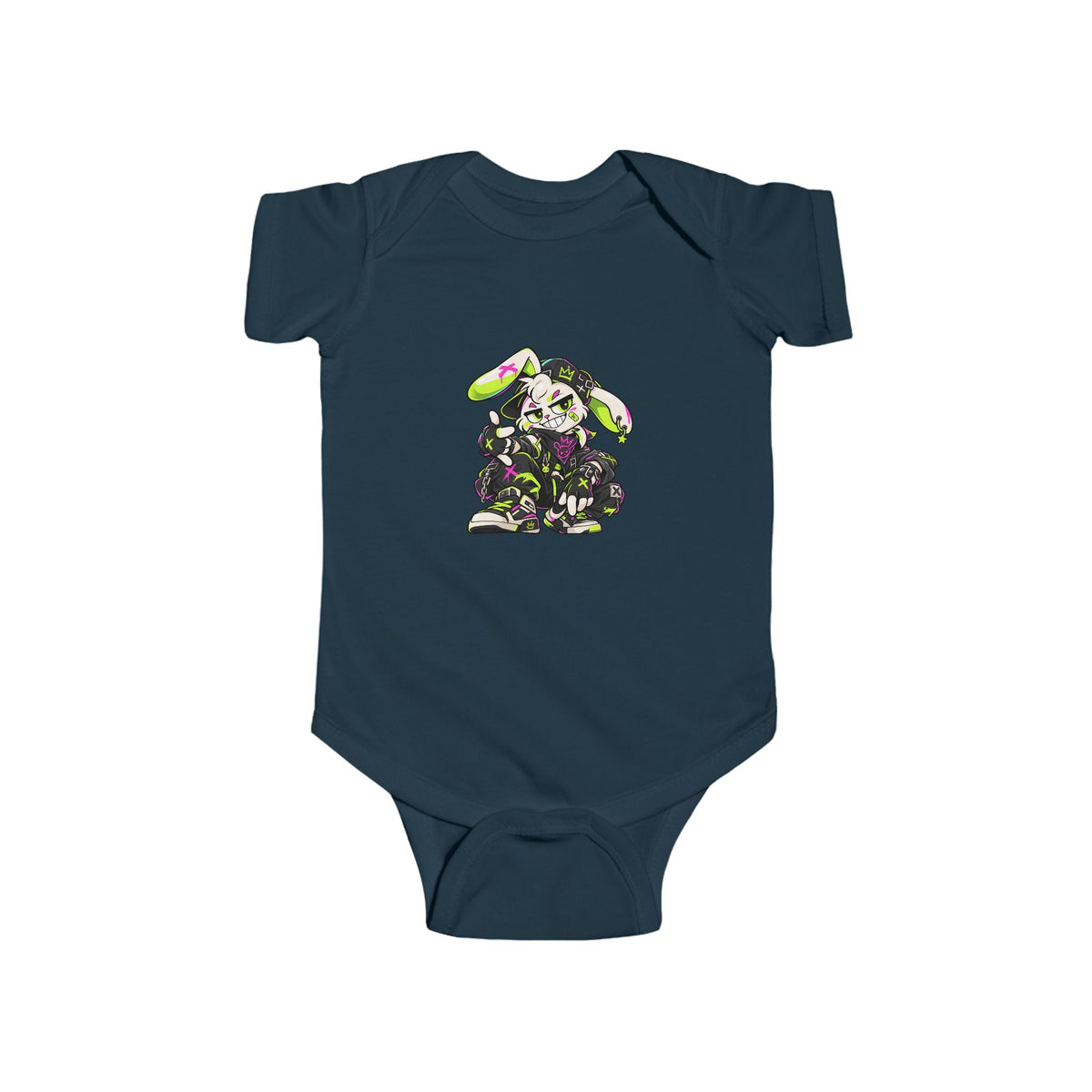 Neon Punk Bunny Infant Bodysuit in Navy