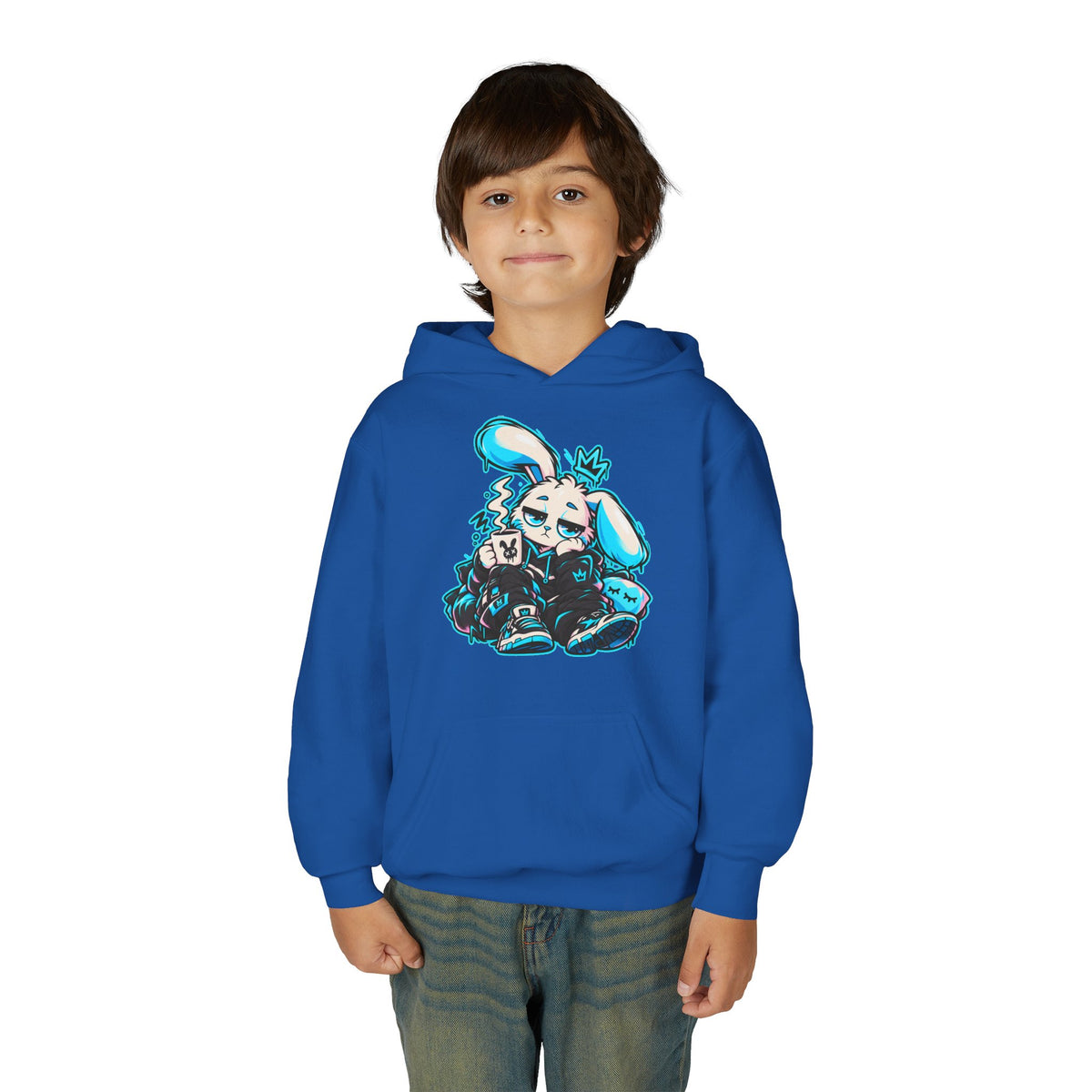 Sleepy Cyber Bunny Kids Coffee Hoodie