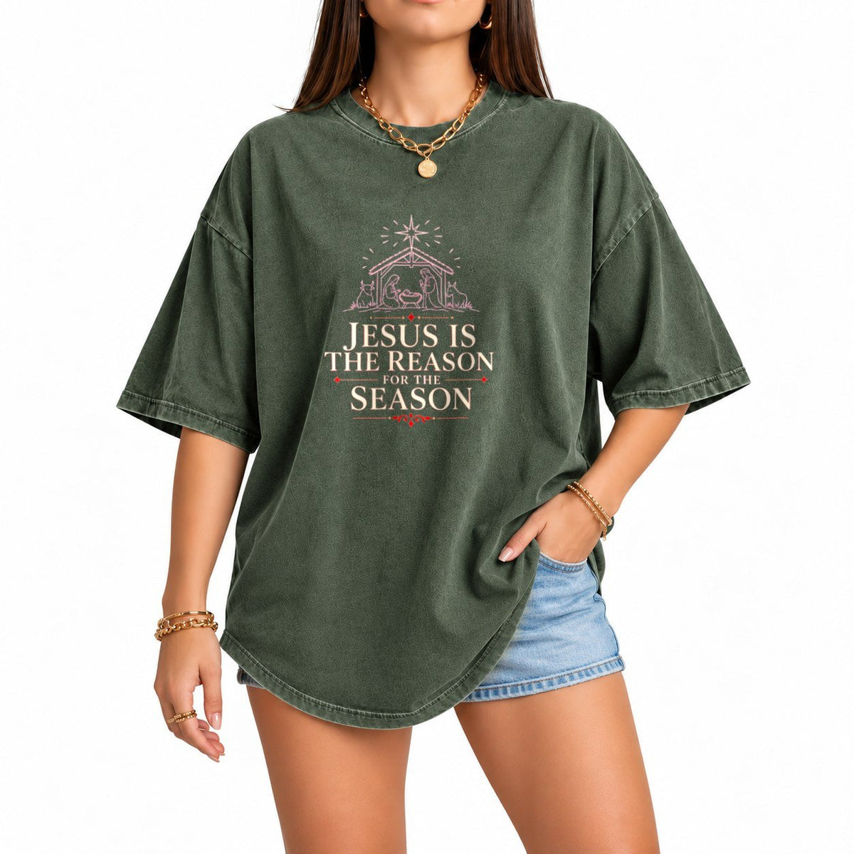 Nativity Scene oversized graphic tee, Moss, photo 1