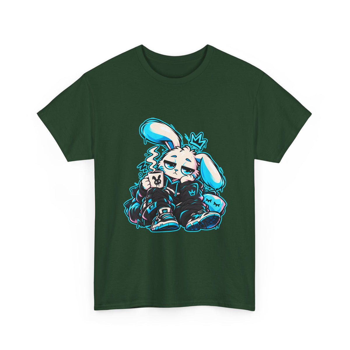 Sleepy Cyber Bunny Coffee Graphic Tee in Forest Green