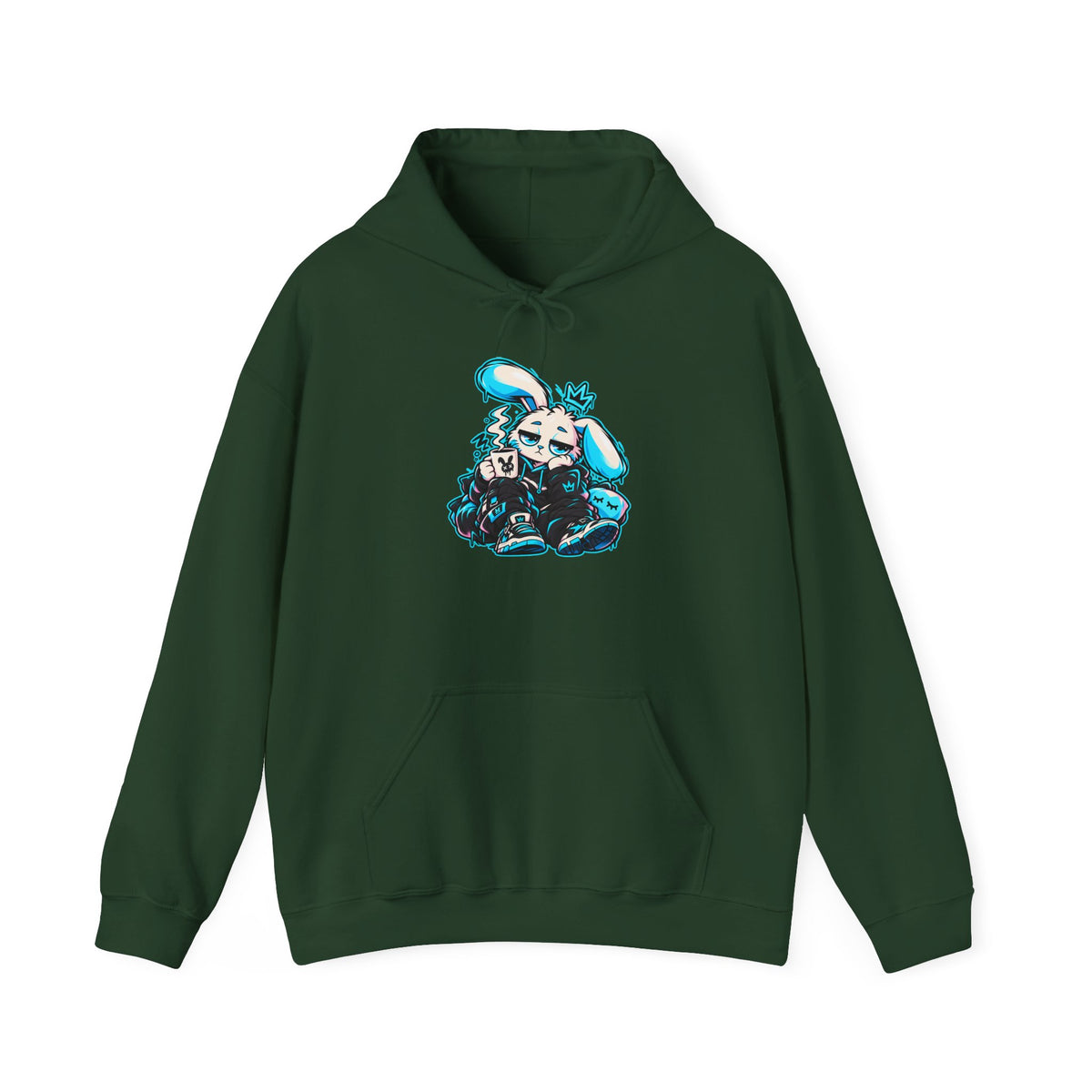 Sleepy Cyber Bunny Coffee Hoodie in Forest Green