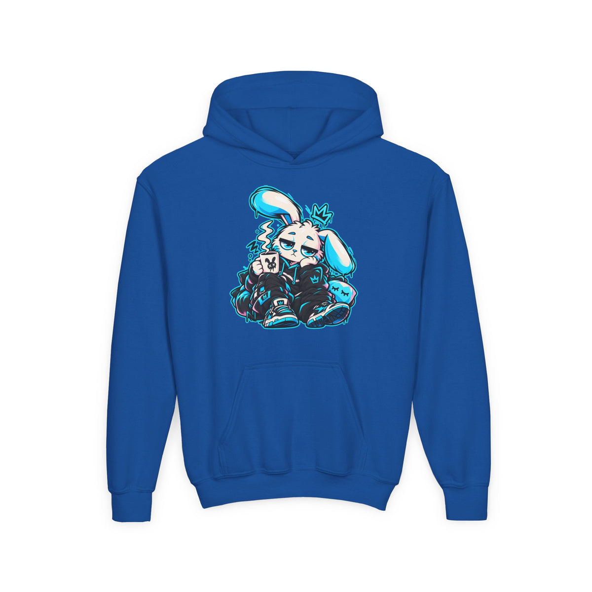 Sleepy Cyber Bunny Kids Coffee Hoodie in Royal