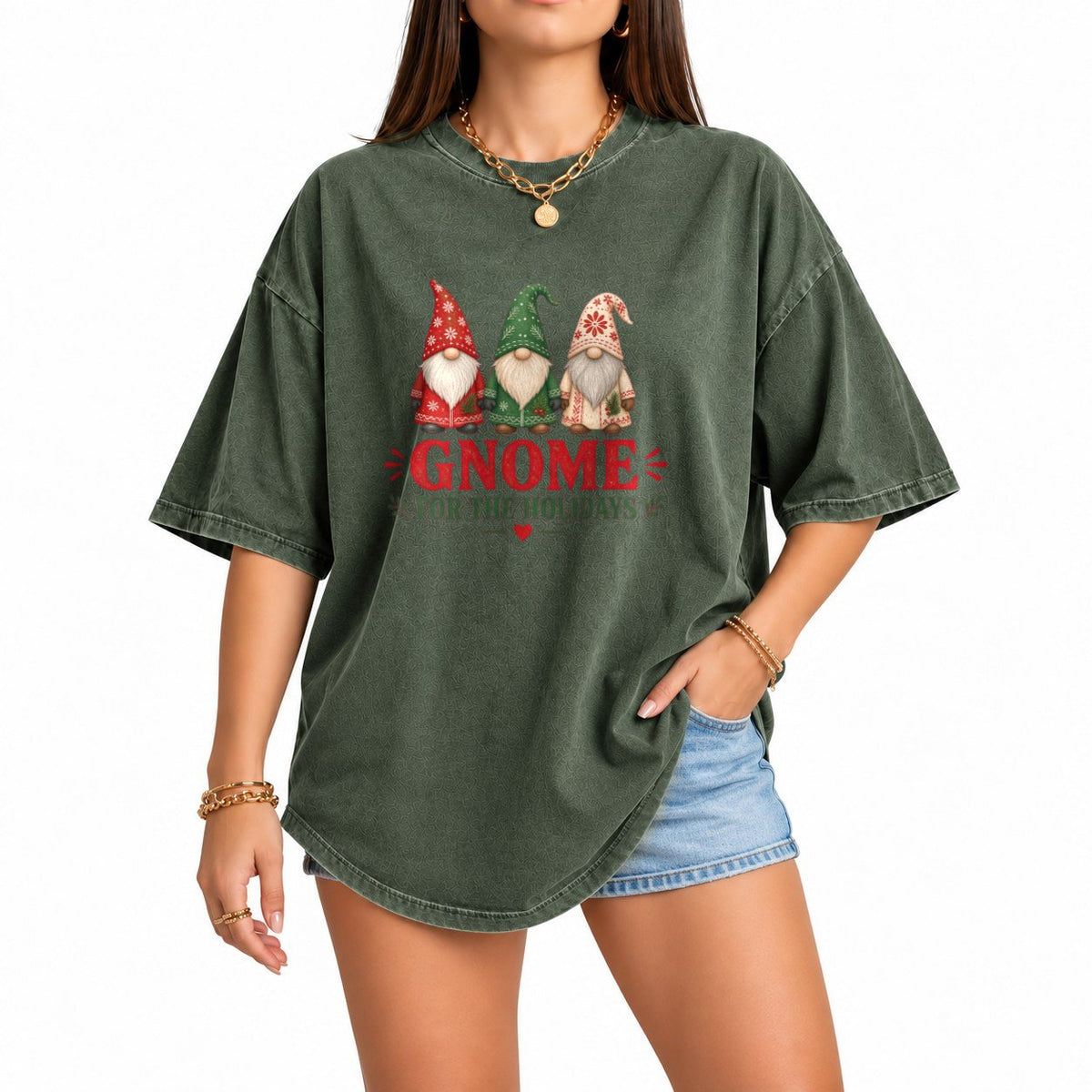 Holiday Gnomes oversized graphic tee, Moss, photo 1