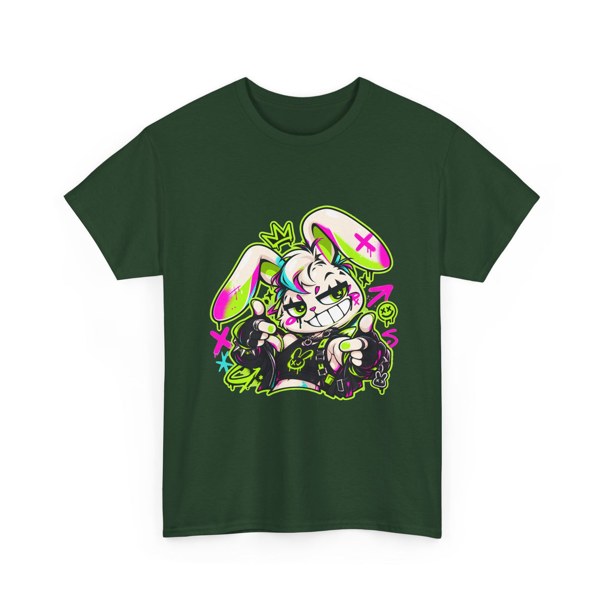 Punk Bunny Graffiti Heavy Cotton Tee in Forest Green