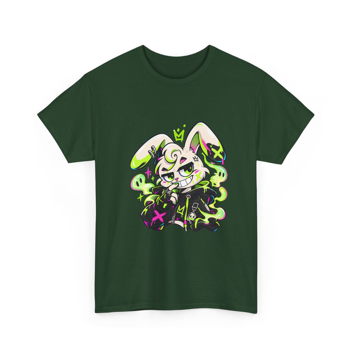 Neon Goth Bunny Heavy Cotton Tee in Forest Green