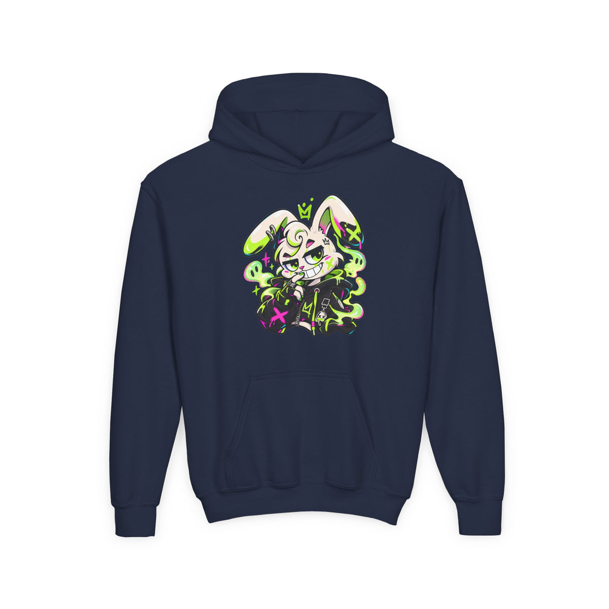 Neon Goth Bunny Kids Hoodie in Navy