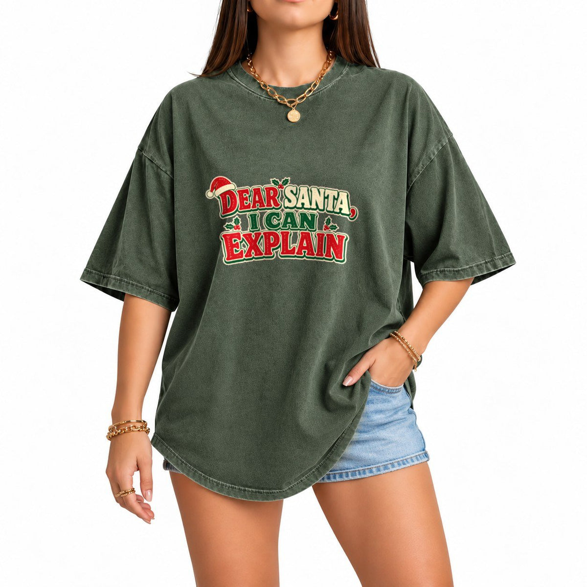 Dear Santa Quote oversized graphic tee, Moss, photo 1