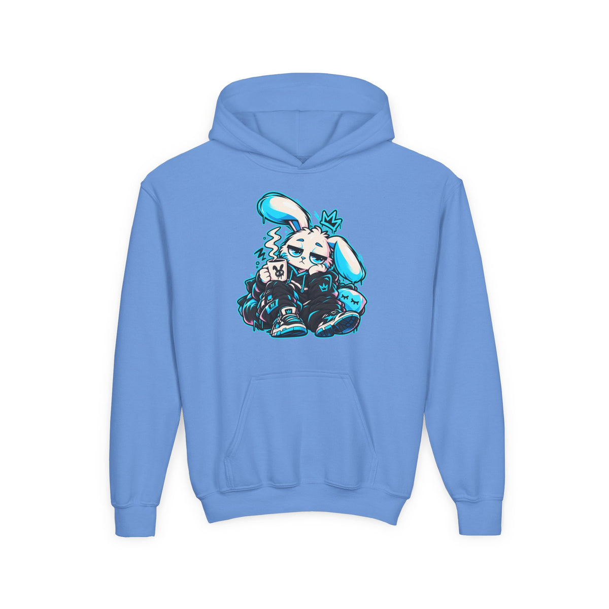 Sleepy Cyber Bunny Kids Coffee Hoodie in Carolina Blue