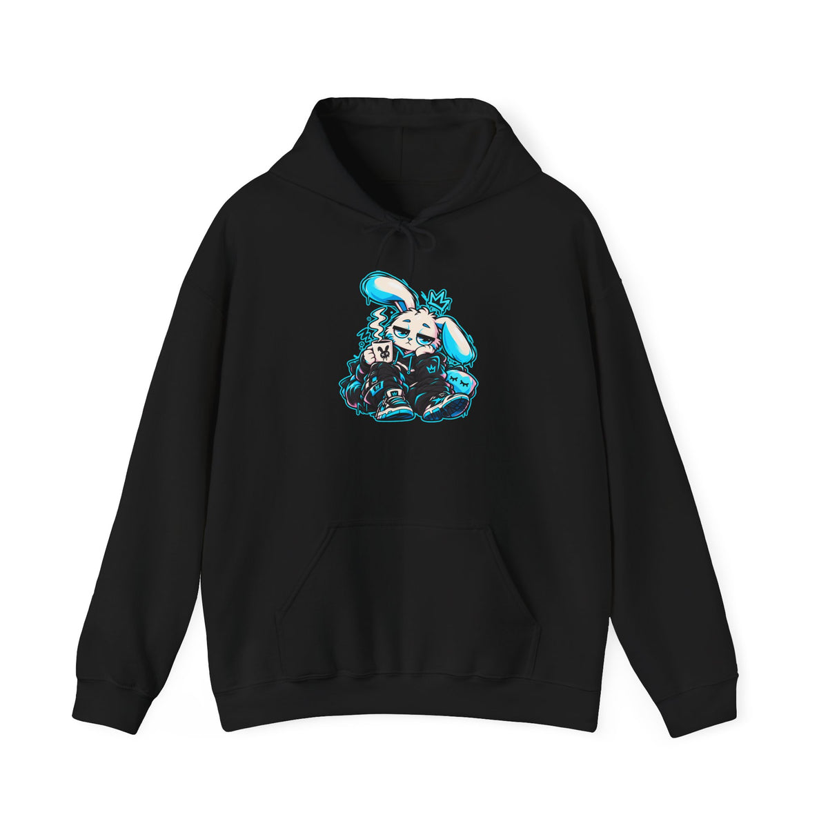 Sleepy Cyber Bunny Coffee Hoodie in Black