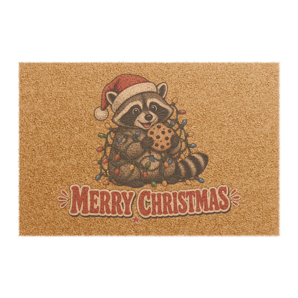Christmas Raccoon Doormat with Cookie and Lights Design