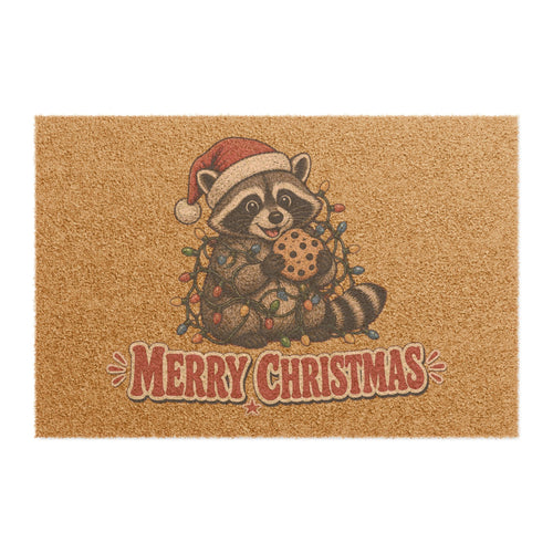 Christmas Raccoon Doormat with Cookie and Lights Design
