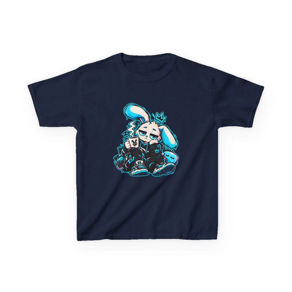 Sleepy Cyber Bunny Kids Coffee Tee in Navy