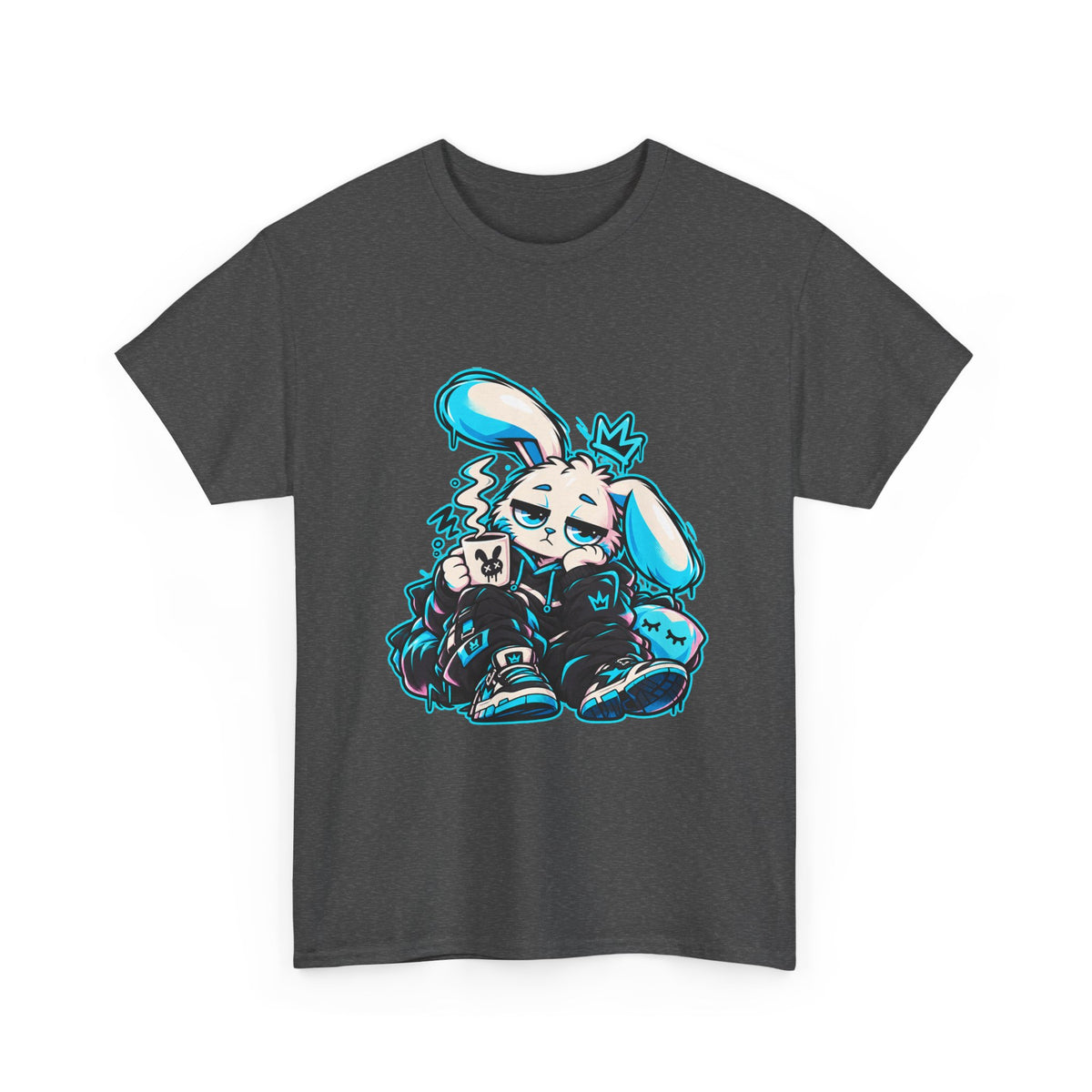 Sleepy Cyber Bunny Coffee Graphic Tee in Dark Heather