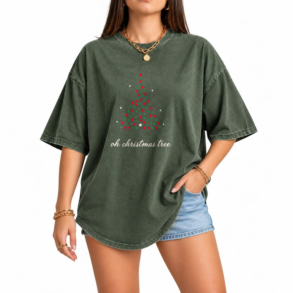 Dotted Christmas Tree oversized graphic tee, Moss, photo 1