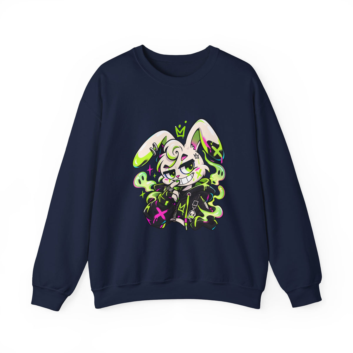Neon Goth Bunny Crewneck Sweatshirt in Navy