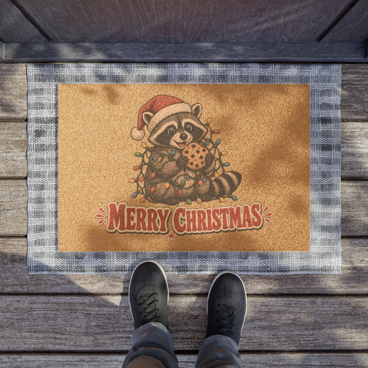 Christmas Raccoon Doormat with Cookie and Lights Design