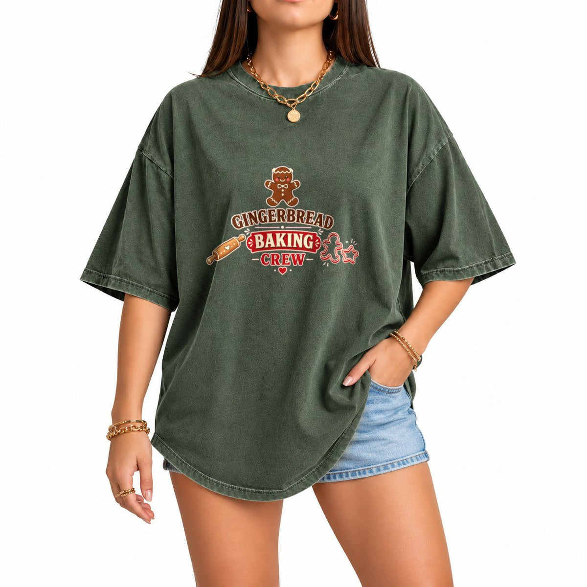 Gingerbread Baking Crew oversized graphic tee, Moss, photo 1
