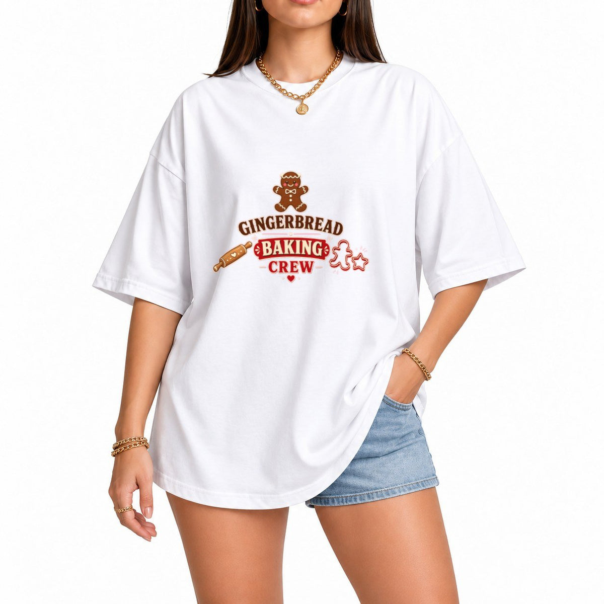 Gingerbread Baking Crew oversized graphic tee, White, photo 1