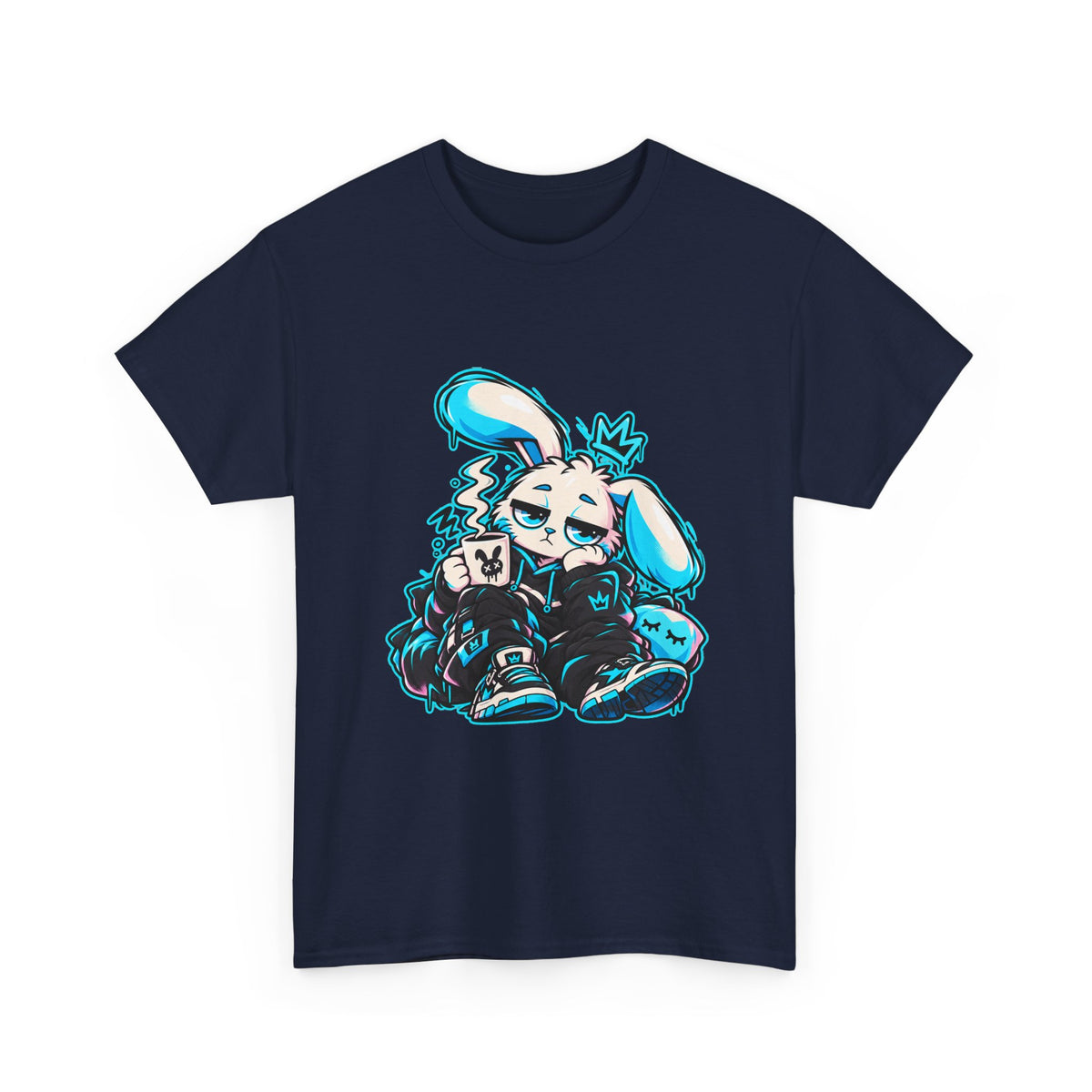 Sleepy Cyber Bunny Coffee Graphic Tee in Navy
